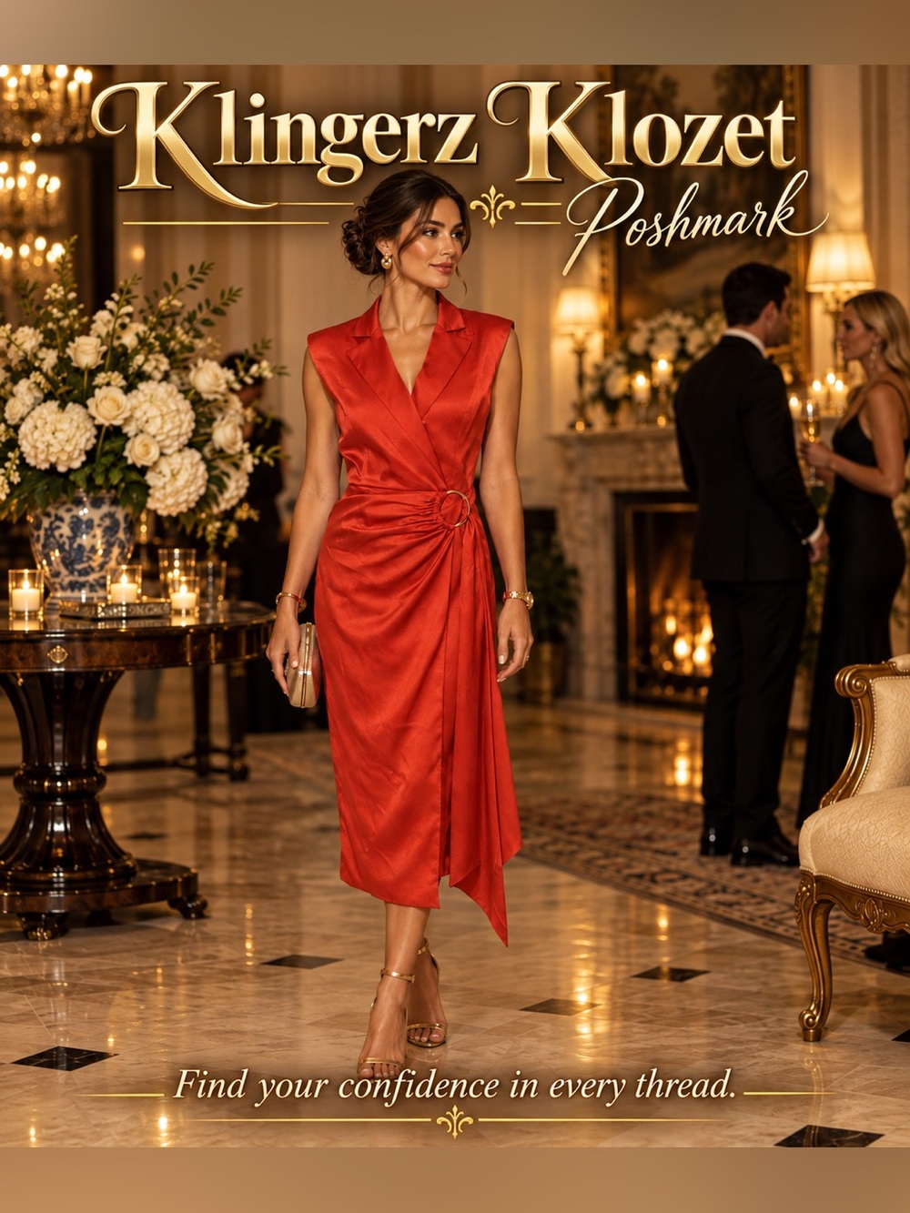 Jay Godfrey Red Satin Wrap Midi Dress Size 4 Gold Ring Cocktail Party